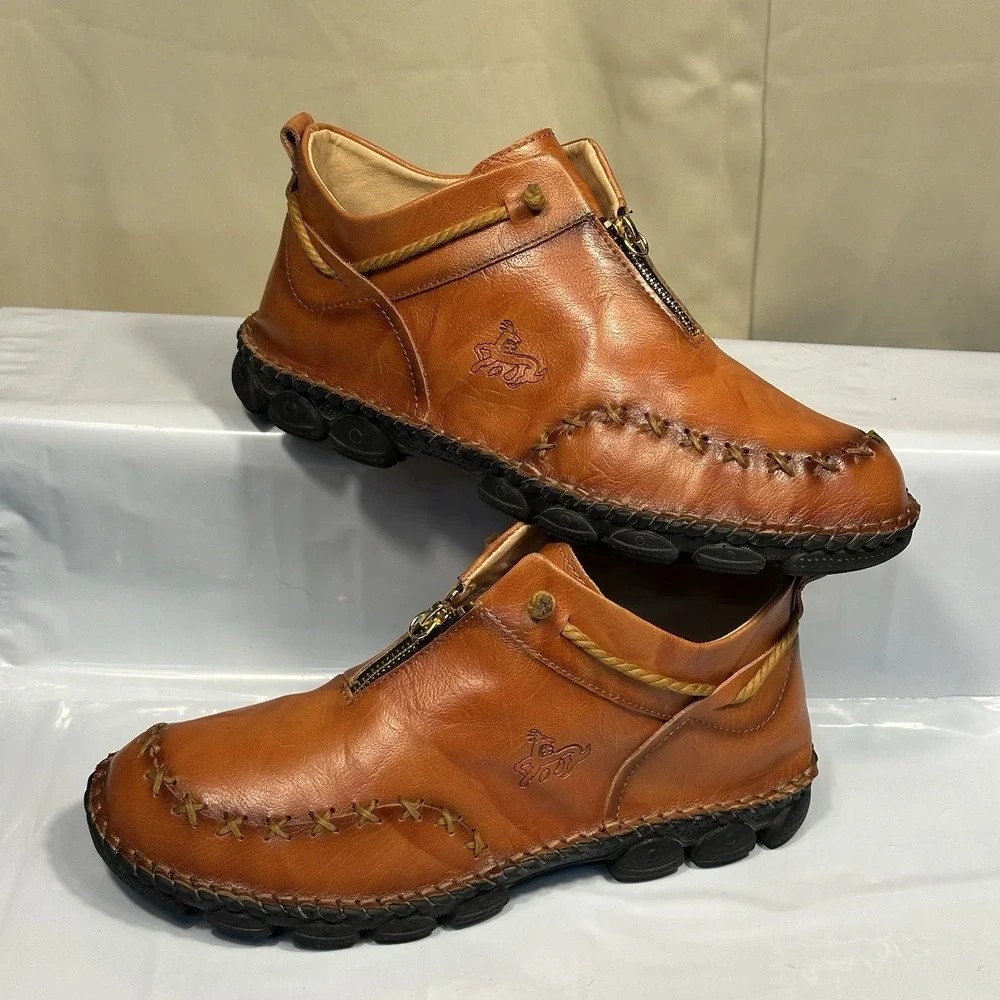 Men Casual Shoes Handmade Leather Size 11-11.5 Brown Chukka Zip Nonslip Ankle